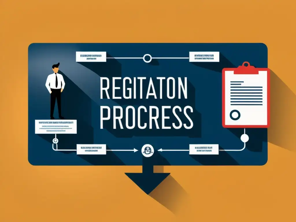 Proceso de registro de marcas en USPTO con flujo detallado y símbolos profesionales, transmitiendo autoridad y modernidad