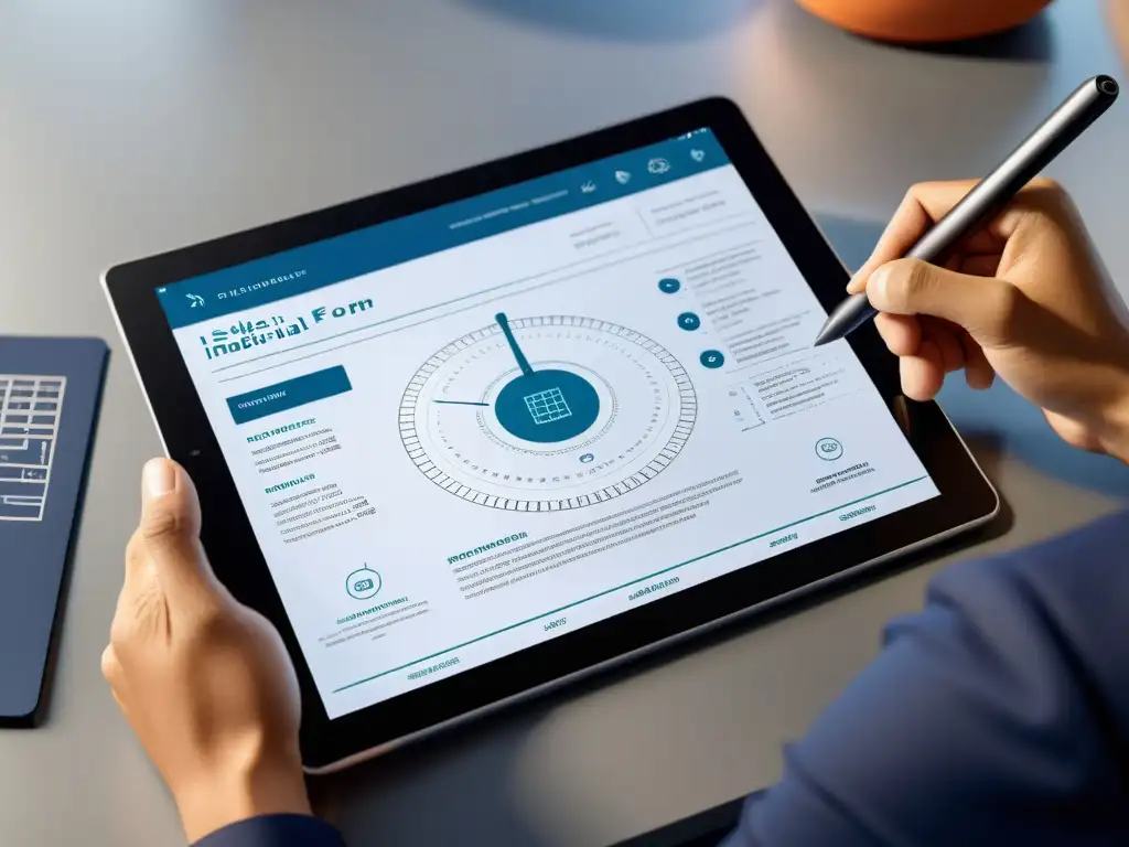 Proceso registro patente diseño industrial: Formulario de solicitud en tablet de alta resolución, diseñador profesional completando detalles con un lápiz óptico en un entorno creativo y profesional
