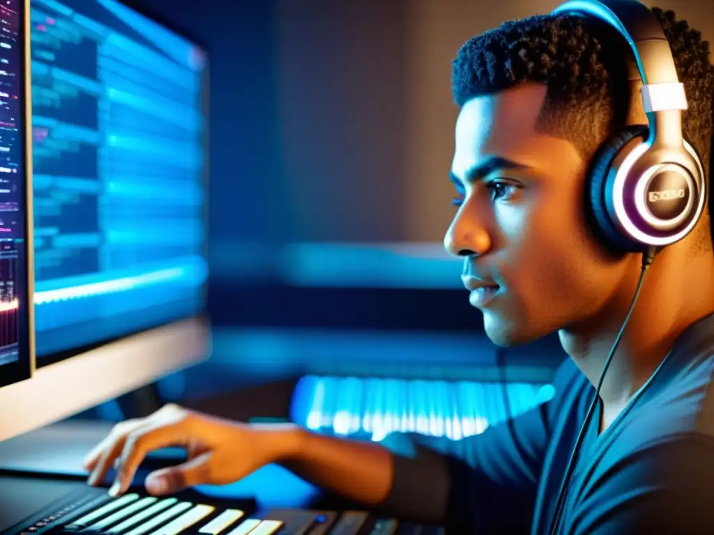 Un productor de música digital concentrado en la edición de pistas, con ondas sonoras en la pantalla del ordenador