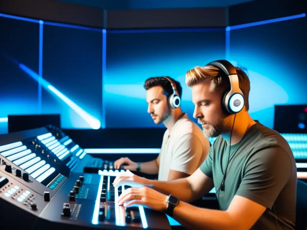 Dos productores de música electrónica trabajan juntos en un estudio de alta tecnología, ajustando equipos