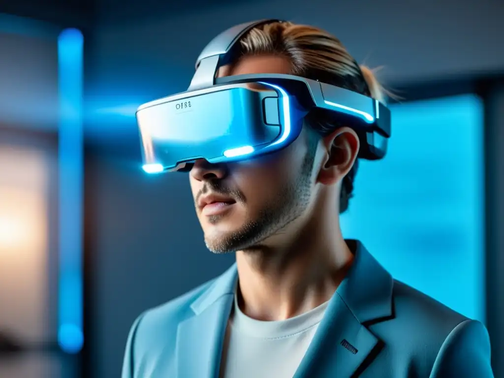Profesional con auriculares de realidad aumentada, rodeado de hologramas de planos y diagramas técnicos en una oficina moderna