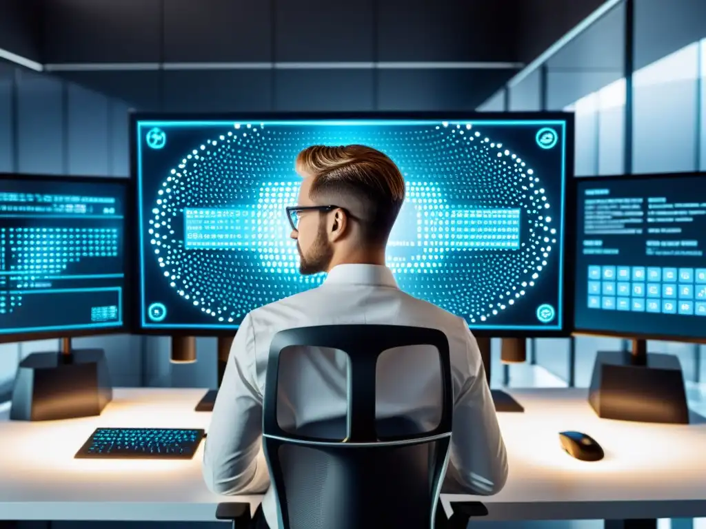Un profesional concentrado trabaja en una computadora rodeado de iconos de seguridad digital y algoritmos de encriptación en una oficina futurista