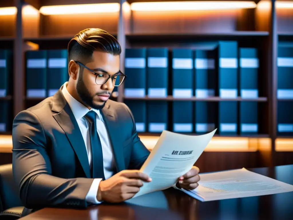 Un profesional revisando un contrato legal en una oficina moderna