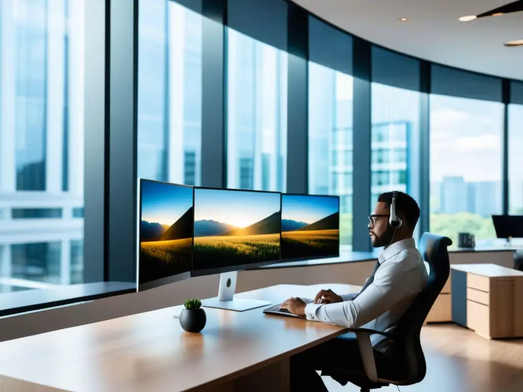 Un profesional gestiona derechos de imagen en plataformas de streaming desde una oficina moderna y elegante con luz natural