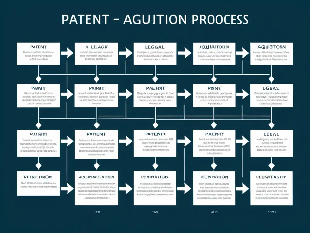 Un profesional determinado y enfocado navega por un intrincado diagrama del proceso de solicitud de patente, destacando la atención meticulosa y la experiencia necesaria