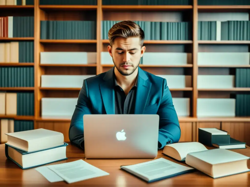 Un profesional reflexiona frente a su laptop rodeado de libros y documentos legales, simbolizando los derechos de autor en redes sociales