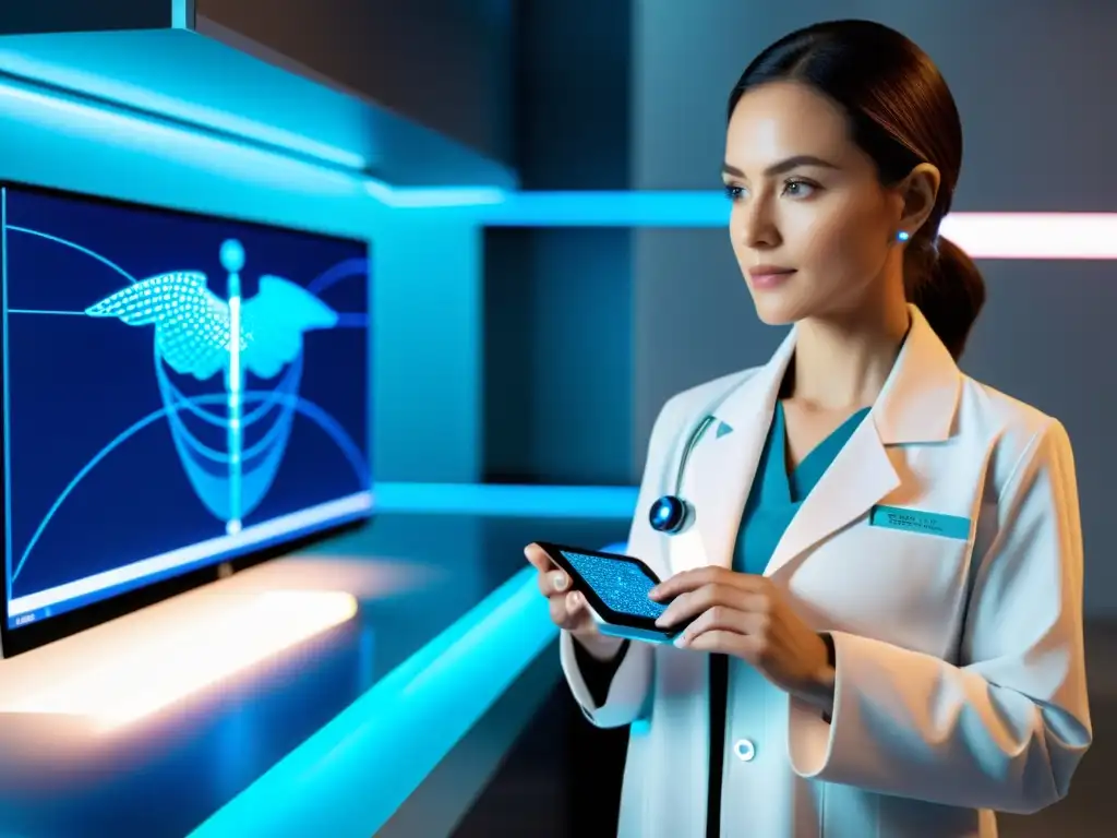 Dispositivo médico wearable: innovación en el laboratorio Profesional en laboratorio sostiene dispositivo médico futurista, desafíos propiedad intelectual dispositivos médicos