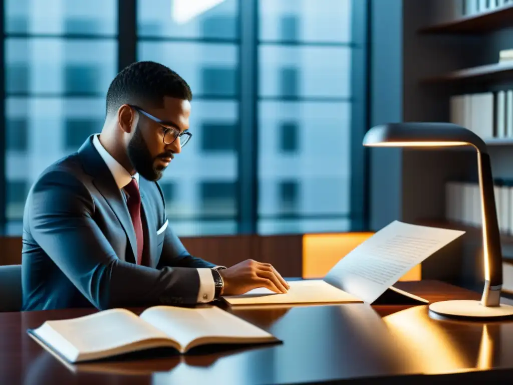 Profesional revisando libros sobre proteger identidad corporativa y propiedad intelectual en moderno despacho iluminado por luz natural