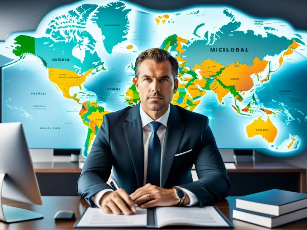 Un profesional vigilando marcas globales en una oficina moderna con un mapa mundial de fondo