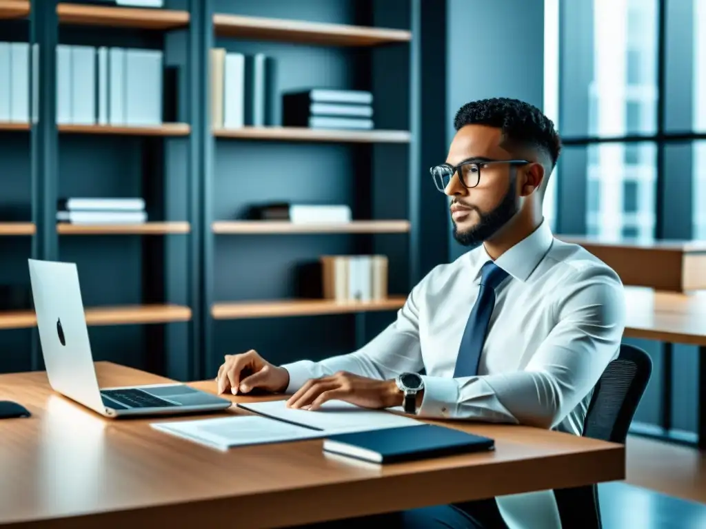 Profesional investigando propiedad intelectual en oficina moderna