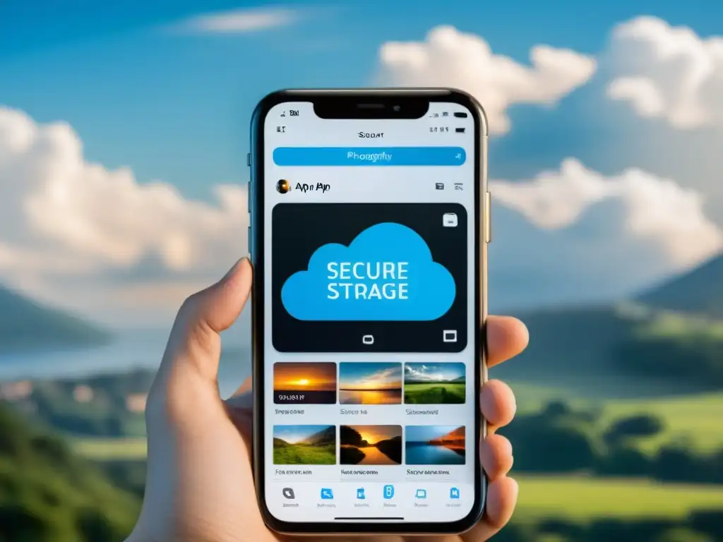 Un profesional serio sostiene un teléfono con app de fotografía y fondo de nube segura