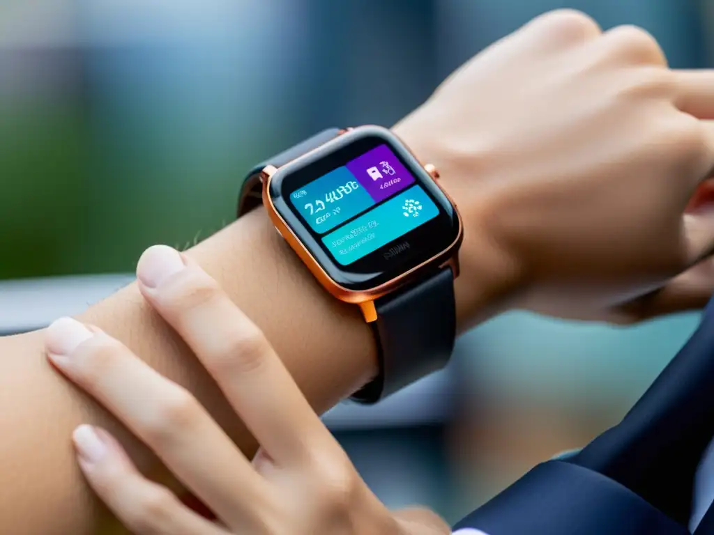 Profesional con smartwatch futurista, transmitiendo confianza y eficiencia