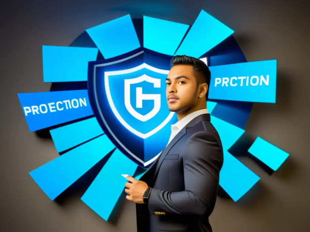 Un profesional con traje de negocios frente a pantallas digitales con dominios y logos, sosteniendo un escudo con 'Protección marcas y dominios web'