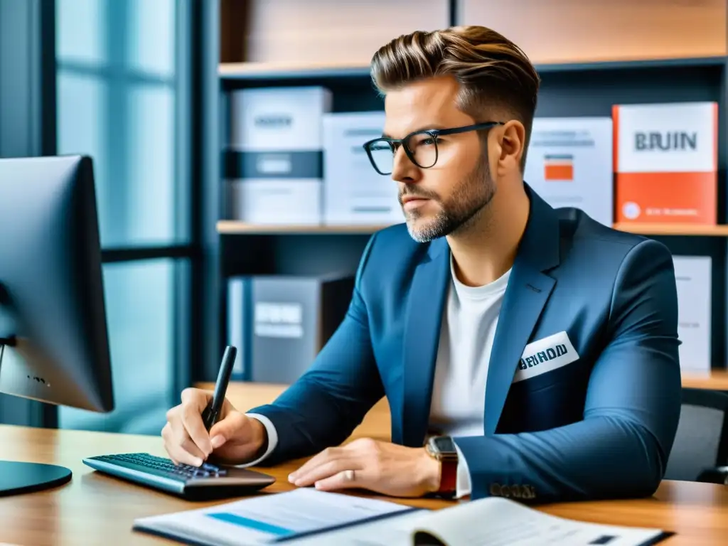 Un profesional realiza vigilancia activa de marcas, revisando informes con determinación, rodeado de libros de propiedad intelectual