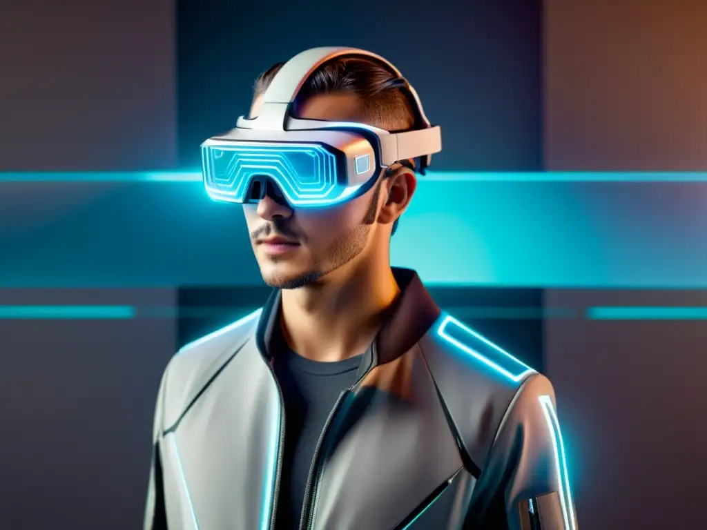 Profesional usando un visor de realidad aumentada de diseño futurista en un entorno tecnológico, con hologramas