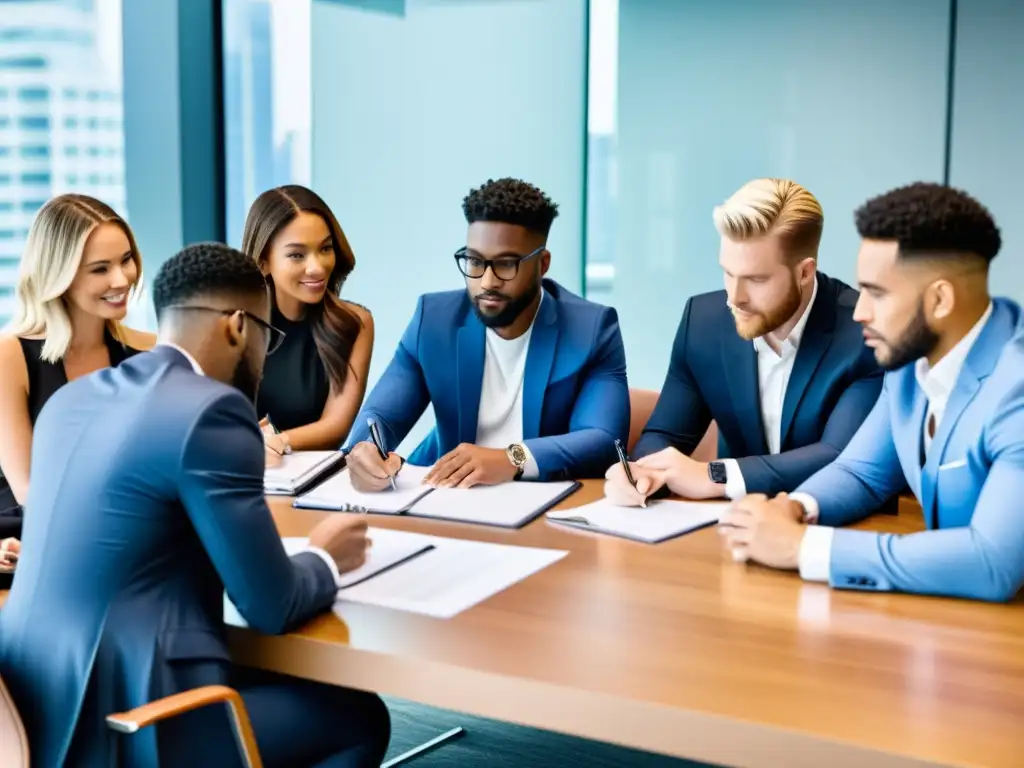 Profesionales firmando acuerdos legales para influencer marketing en una reunión de alto nivel