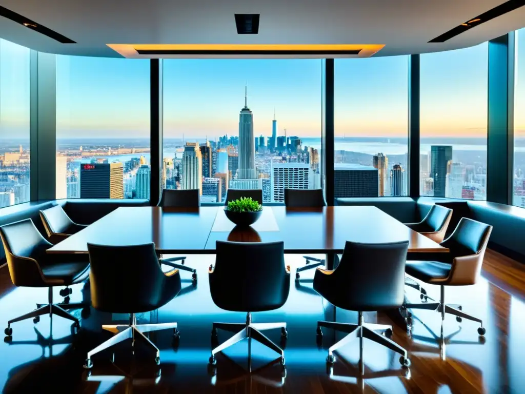 Profesionales discuten acuerdos de licencias de marcas en una sala de conferencias moderna con vista a la ciudad