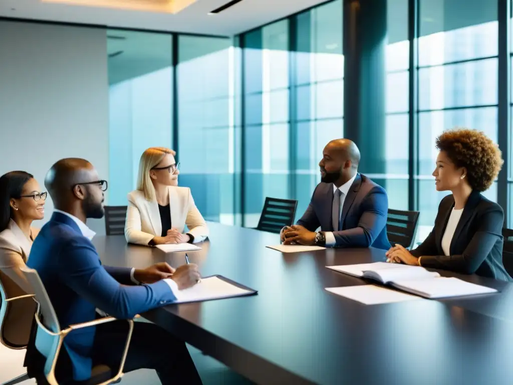 Profesionales colaborativos discuten claves licencias propiedad intelectual en mesa minimalista con luz natural