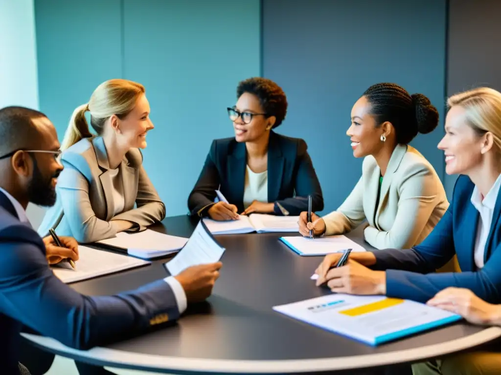 Profesionales discutiendo consideraciones propiedad intelectual exportación, en entorno moderno y dinámico