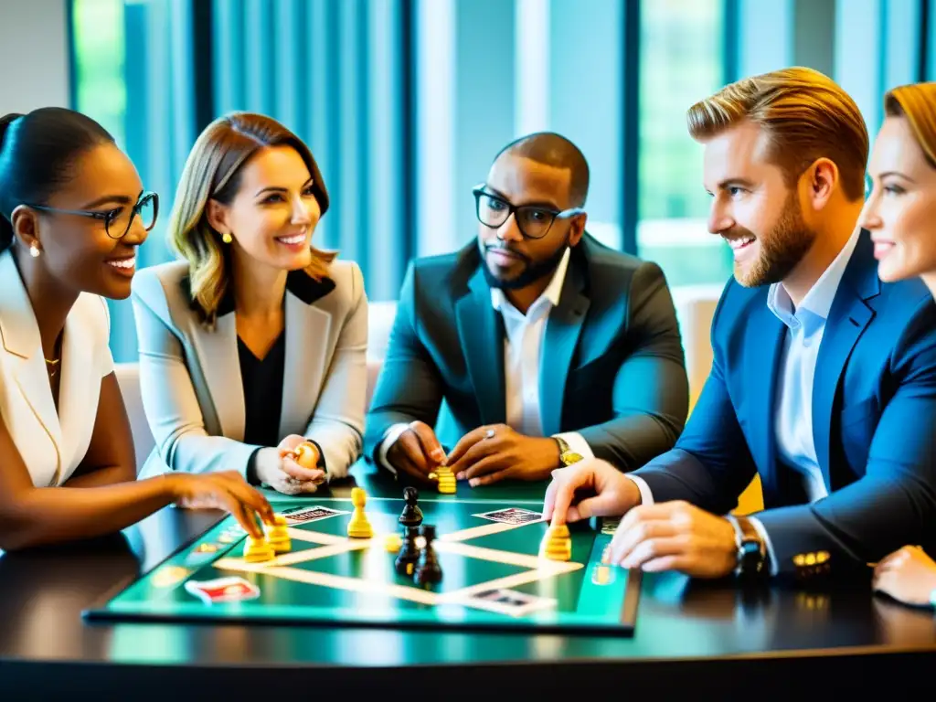 Profesionales corporativos concentrados en un juego estratégico que refleja la toma de decisiones corporativas