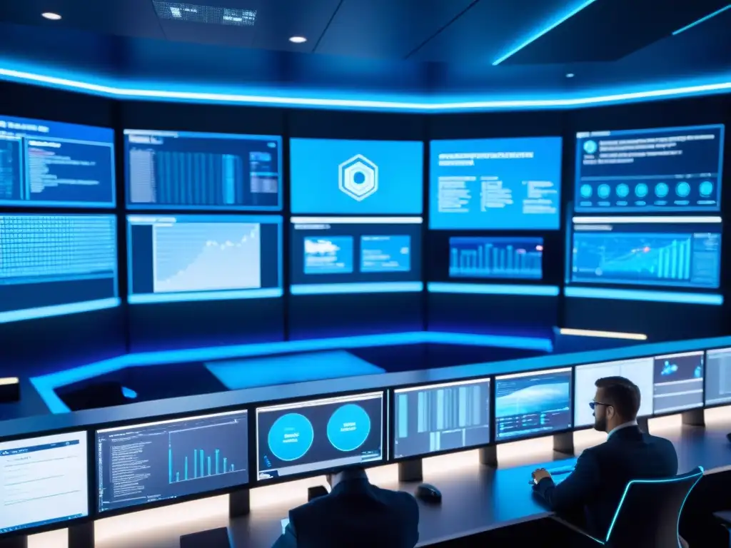 Profesionales monitorean datos en centro de ciberseguridad futurista