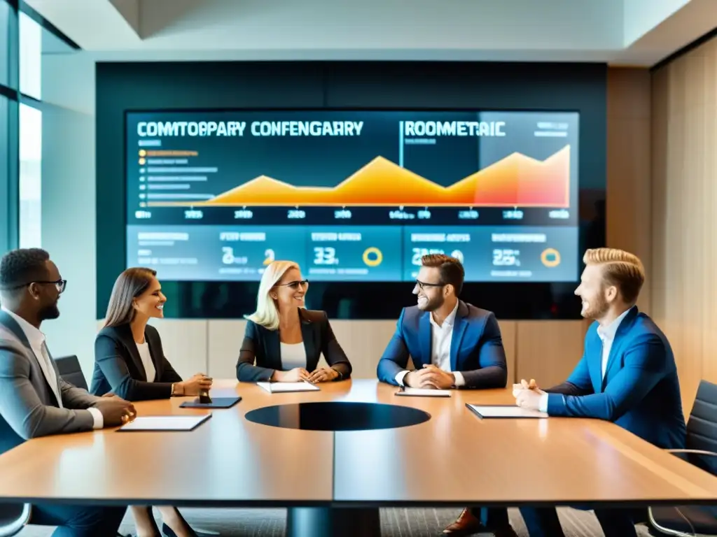 Profesionales debaten datos en pantalla, reflejando la importancia del valor económico de la marca en una sala moderna y luminosa