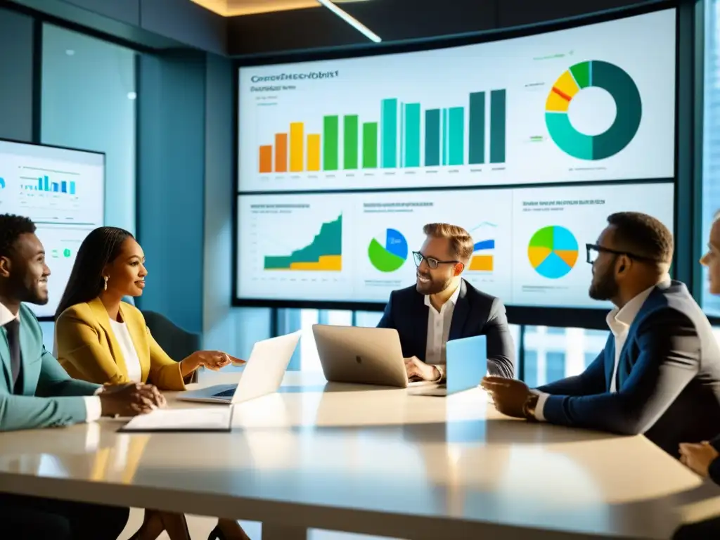 Profesionales debatiendo sobre ética en gestión de datos y propiedad intelectual en una sala moderna con luz natural y tecnología