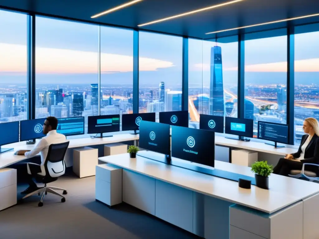 Profesionales colaborando en la gestión de datos sensibles para empresas en una oficina moderna con diseño contemporáneo y vistas urbanas