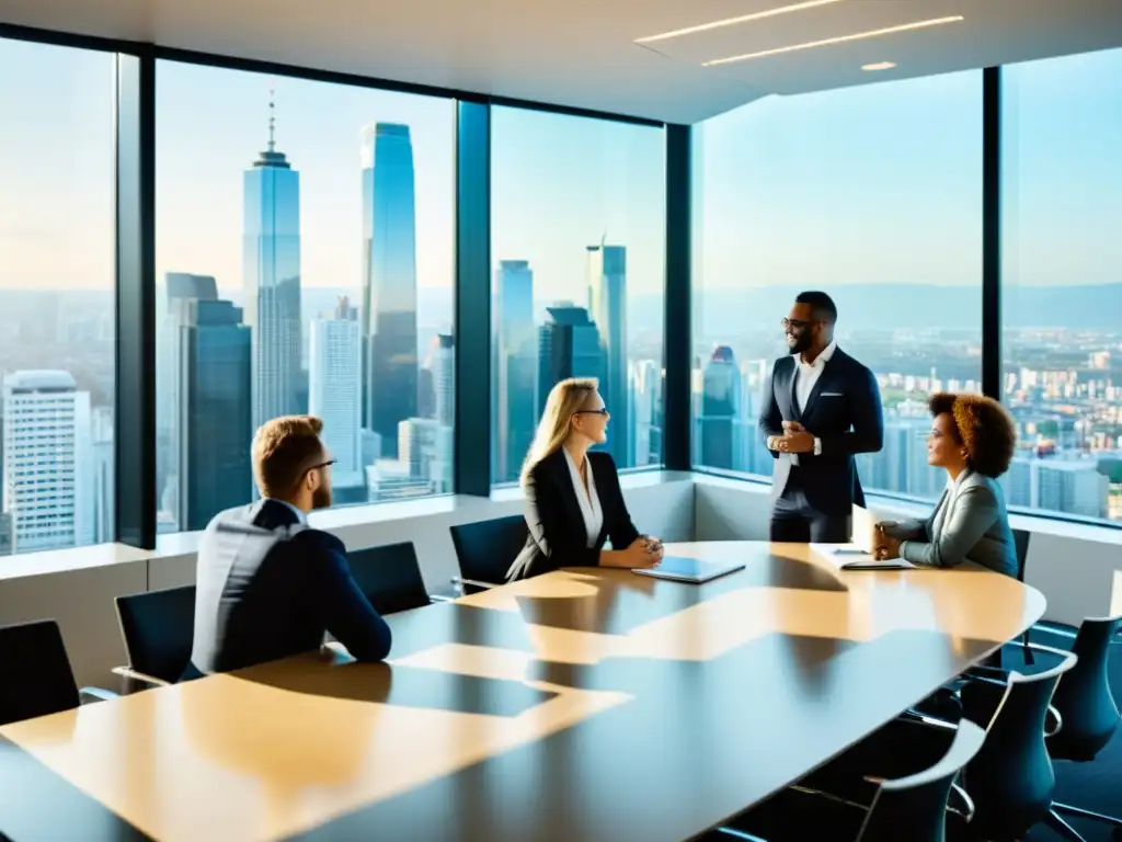 Profesionales de diferentes departamentos colaborando en una mesa de conferencias, en un espacio moderno con vista a la ciudad