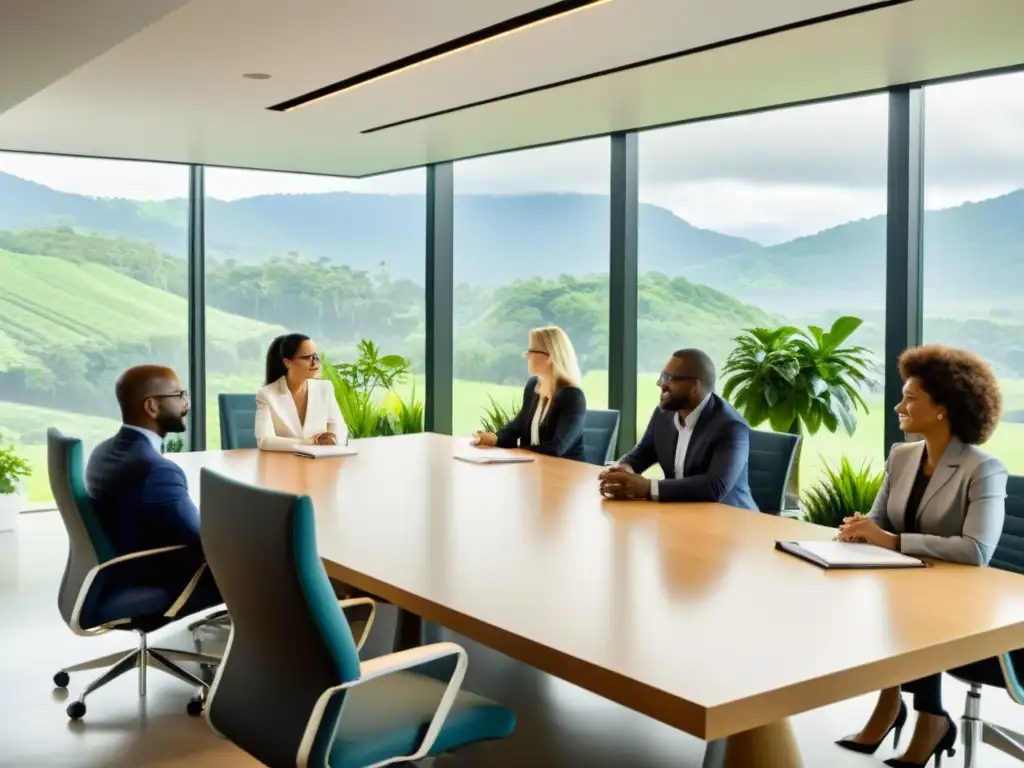 Profesionales colaboran en discusión sobre estrategias de sostenibilidad con vistas a paisaje verde, vistiendo atuendo profesional