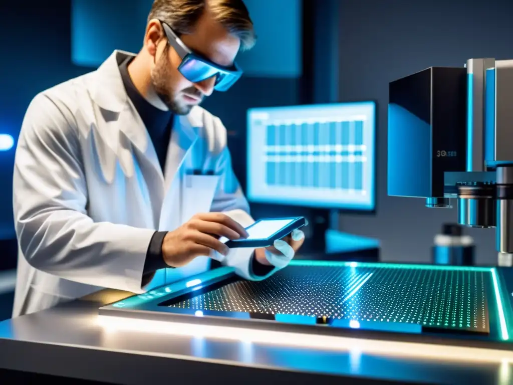 Profesionales examinan dispositivo nanoelectrónico en laboratorio futurista