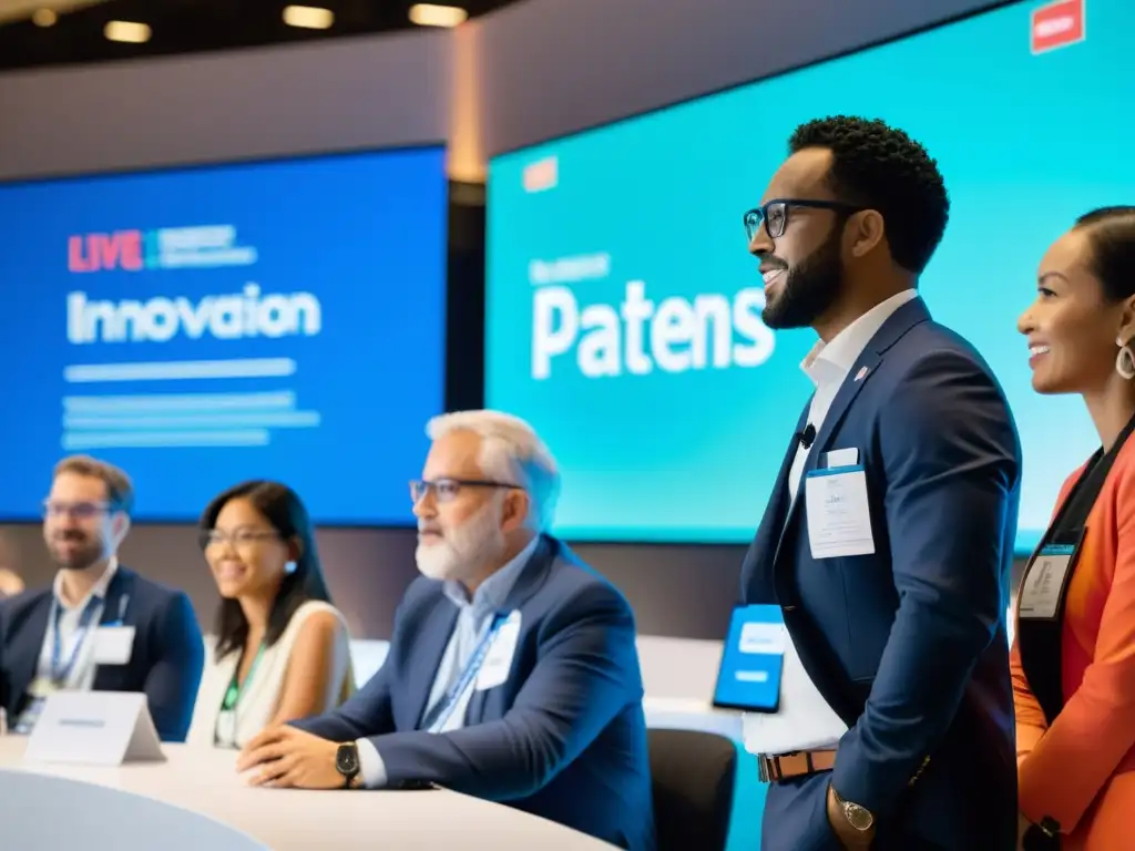 Profesionales diversificados debaten en una conferencia moderna, con pantallas digitales que muestran patentes e ideas innovadoras