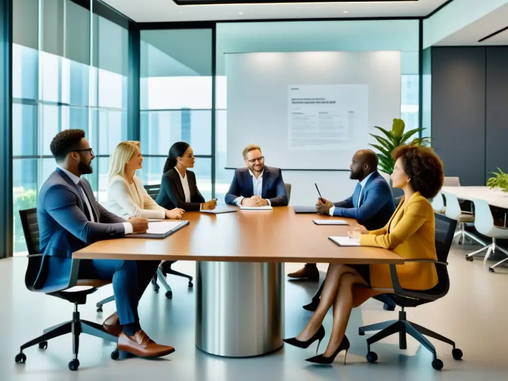 Profesionales diversificados negociando contratos de derechos autor en una sala de reuniones moderna y luminosa