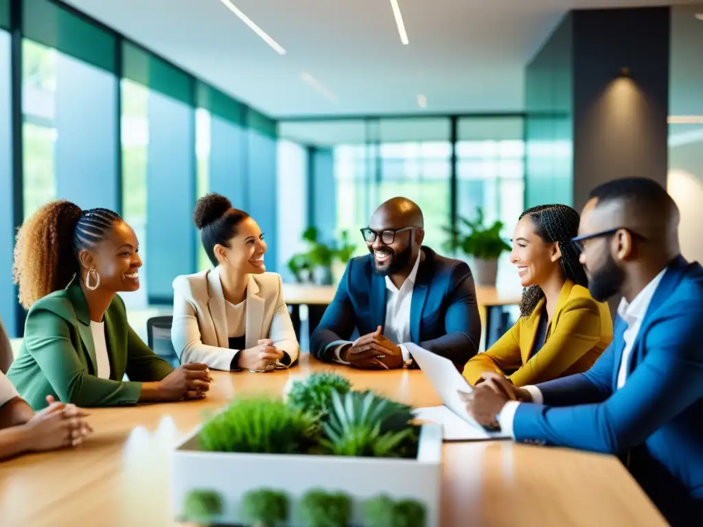 Profesionales diversificados colaboran en un espacio de oficina moderno, discutiendo gestión de propiedad intelectual y joint ventures internacionales