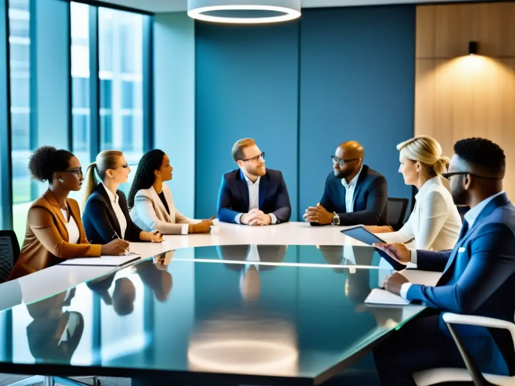 Profesionales diversificados debaten estratégicamente en una oficina moderna, rodeados de tecnología de vanguardia