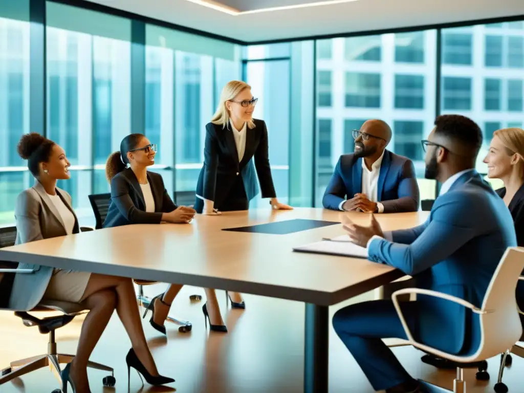 Profesionales diversificados discuten sobre propiedad intelectual en una oficina moderna y luminosa