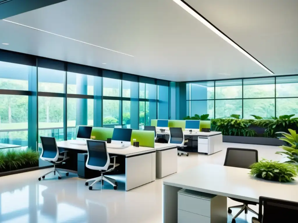 Profesionales discuten documentos de patente en una oficina moderna con luz natural y vegetación, reflejando innovación y profesionalismo