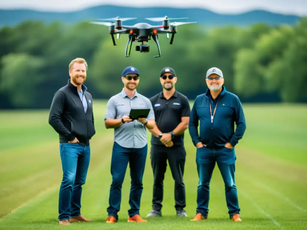 Profesionales de drones grabando evento al aire libre, cumpliendo regulaciones grabación aérea eventos