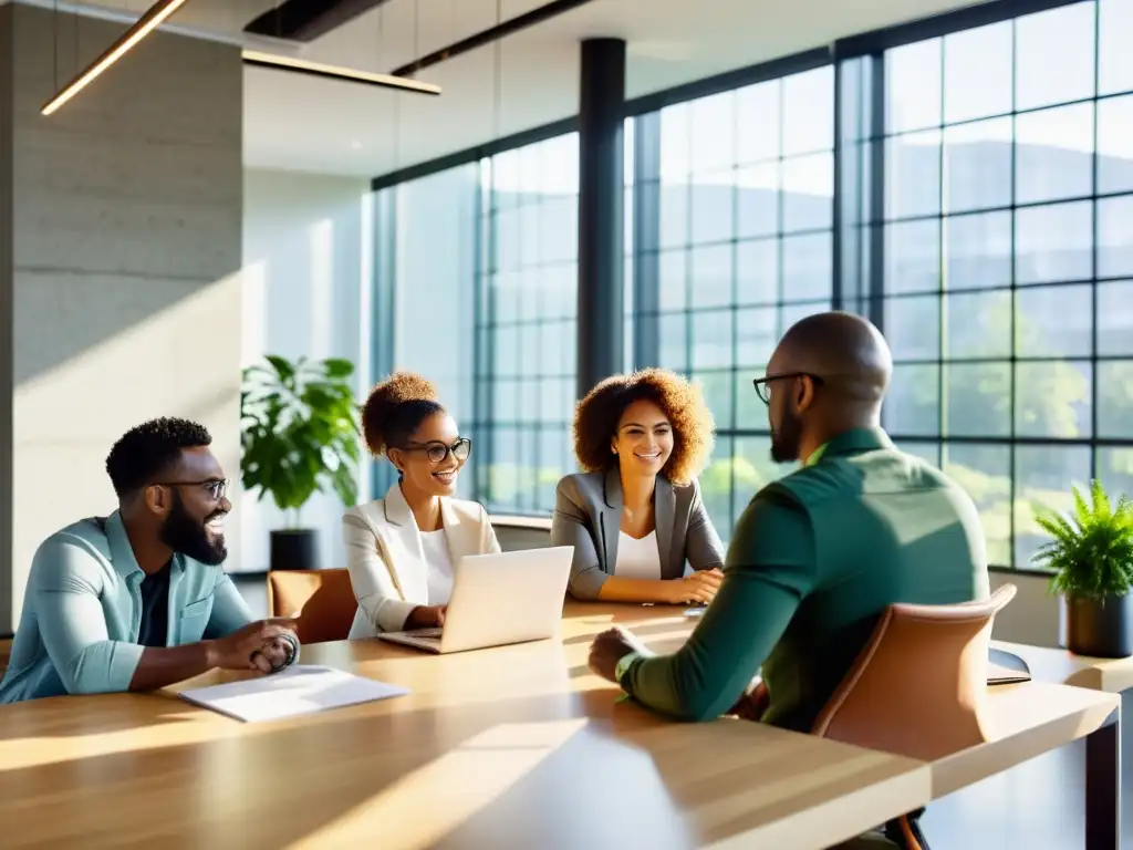 Profesionales colaborando en un espacio moderno con enfoque colaborativo en propiedad intelectual