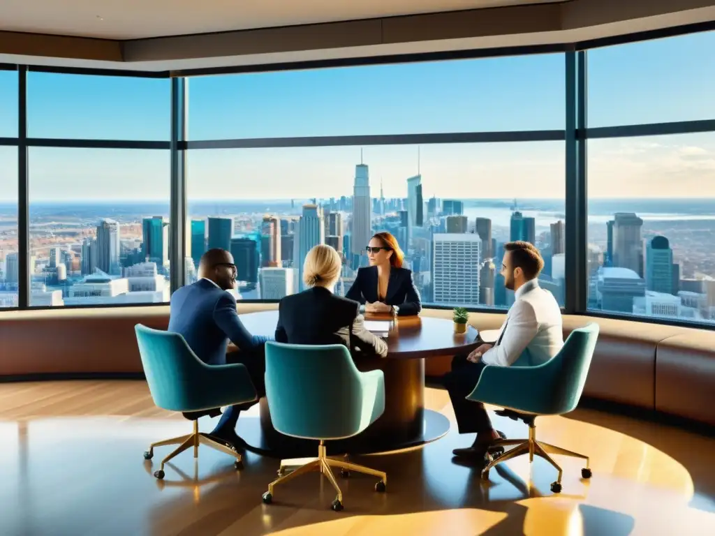 Profesionales negociando estrategias ganadoras de contratos en la industria del entretenimiento, en una sala con vista a la vibrante ciudad