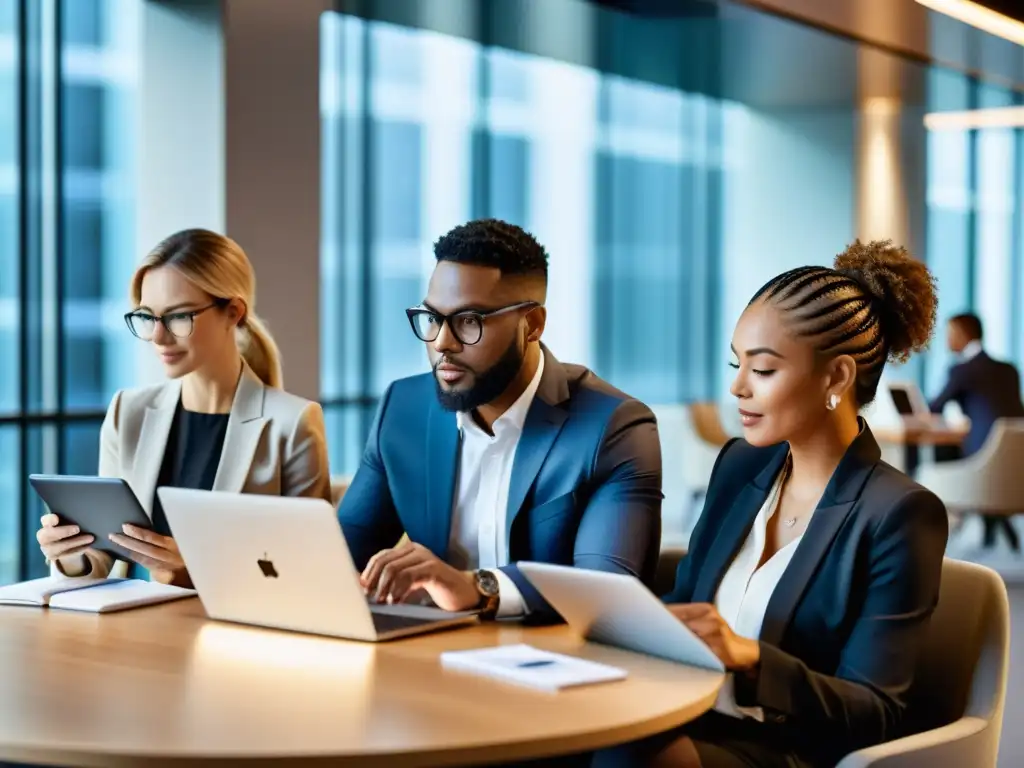 Profesionales debatiendo estrategias de marketing digital y documentación legal en una oficina moderna