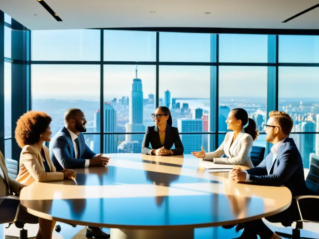 Profesionales debatiendo estrategias de negociación de propiedad intelectual para multinacionales en una sala moderna y luminosa con vista a la ciudad