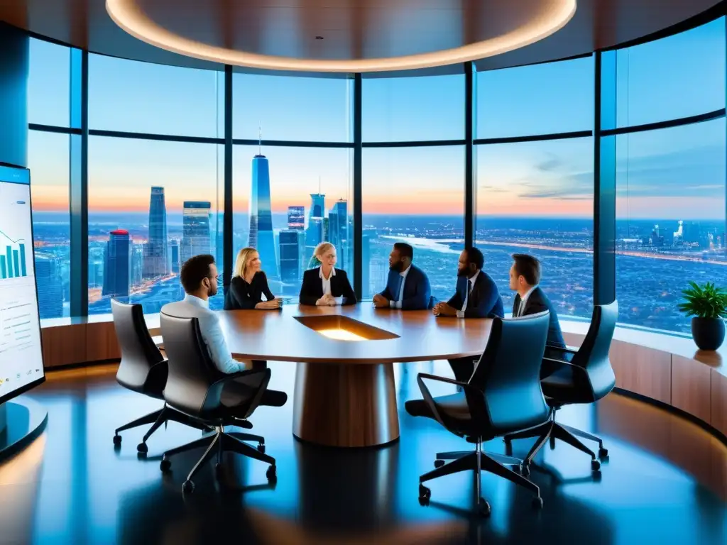 Profesionales discutiendo estrategias en sala de conferencias con vista a la ciudad