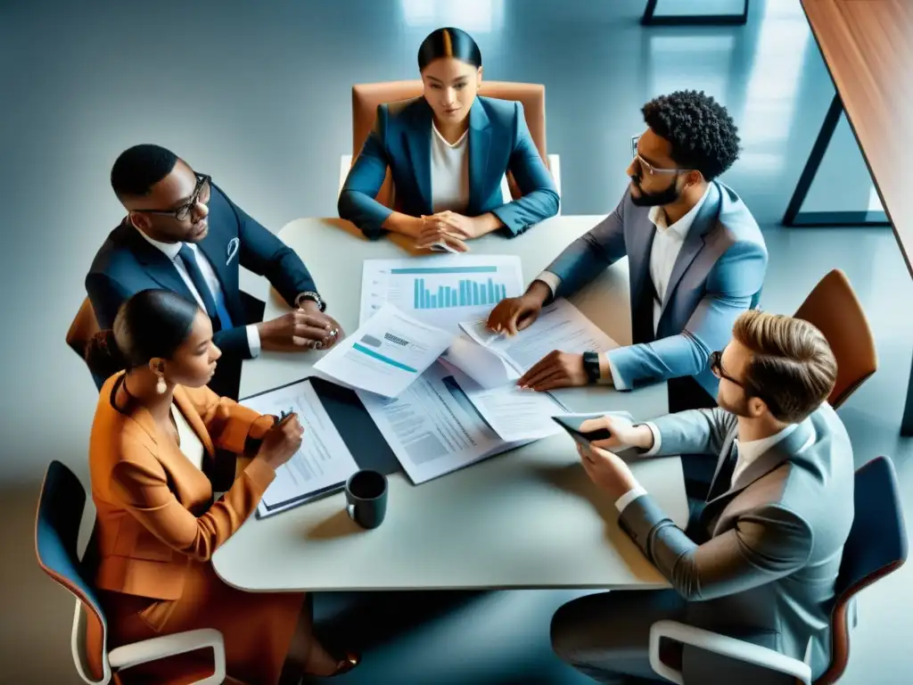 Profesionales y estudiantes colaborando en mesa con documentos y dispositivos, representando la propiedad intelectual en economía abierta