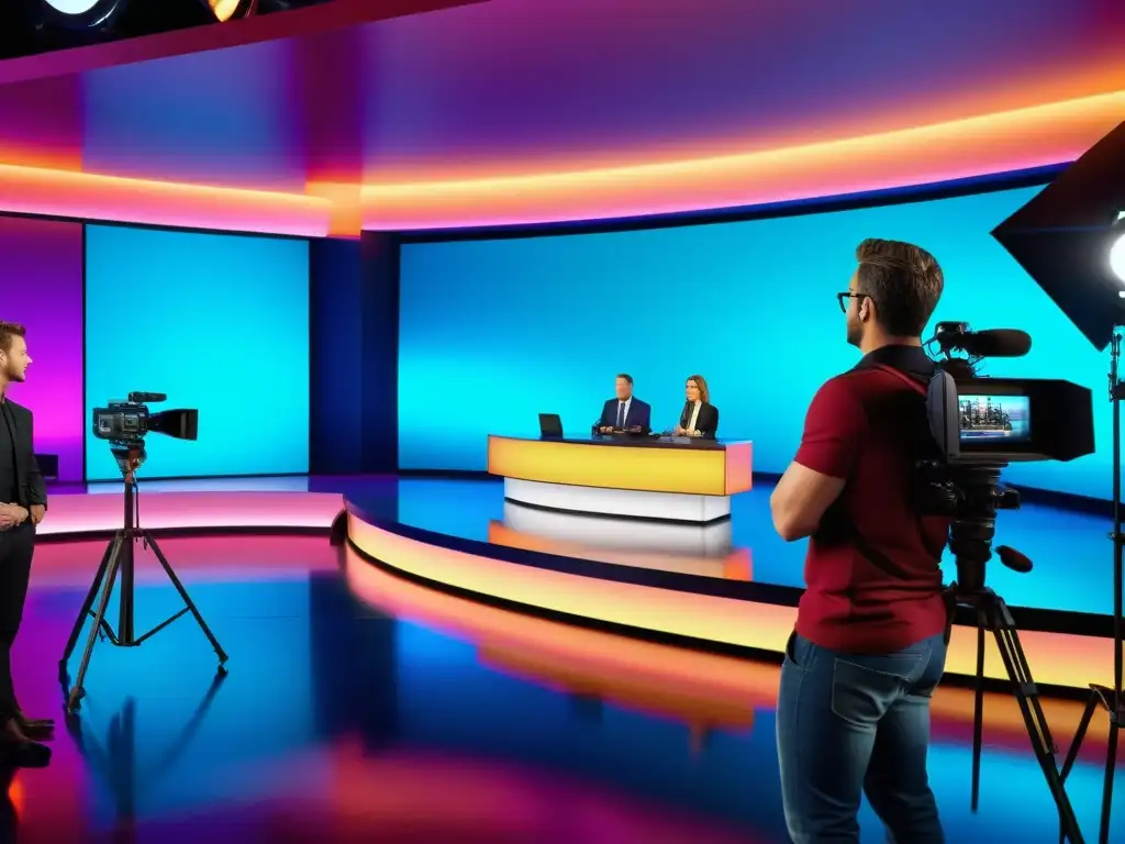 Profesionales trabajando en un estudio de televisión moderno y colorido