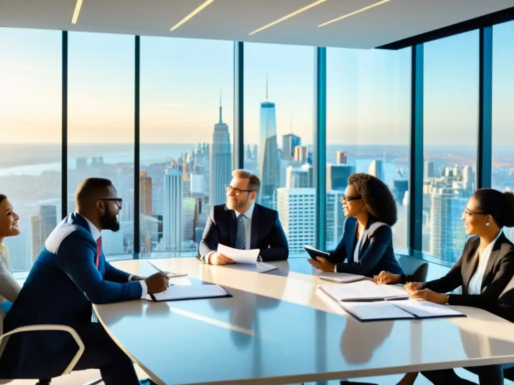 Profesionales colaborando en la gestión de riesgos propiedad intelectual en una oficina moderna con vista a la ciudad