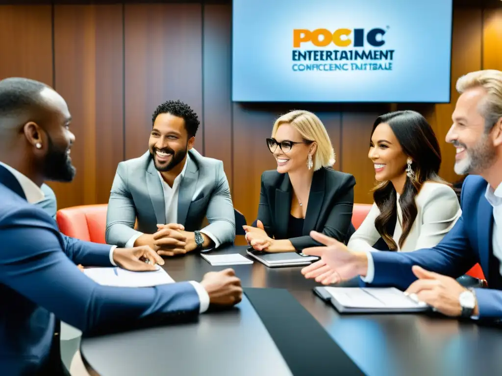 Profesionales de la industria del entretenimiento discuten acuerdos de licencias de marcas en una mesa elegante