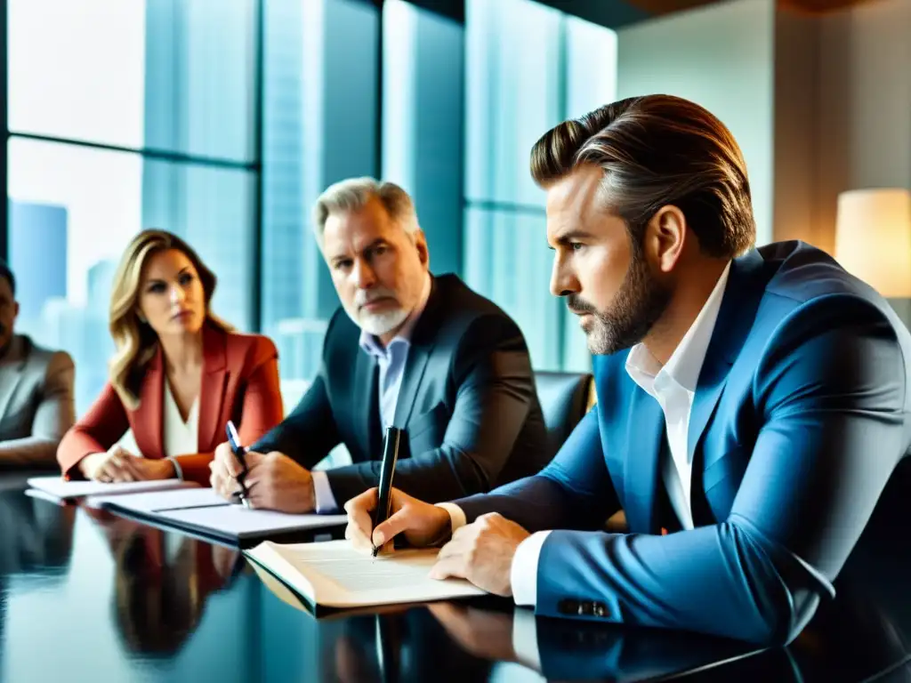 Profesionales de la industria del entretenimiento negocian contratos con determinación en una sala moderna y luminosa