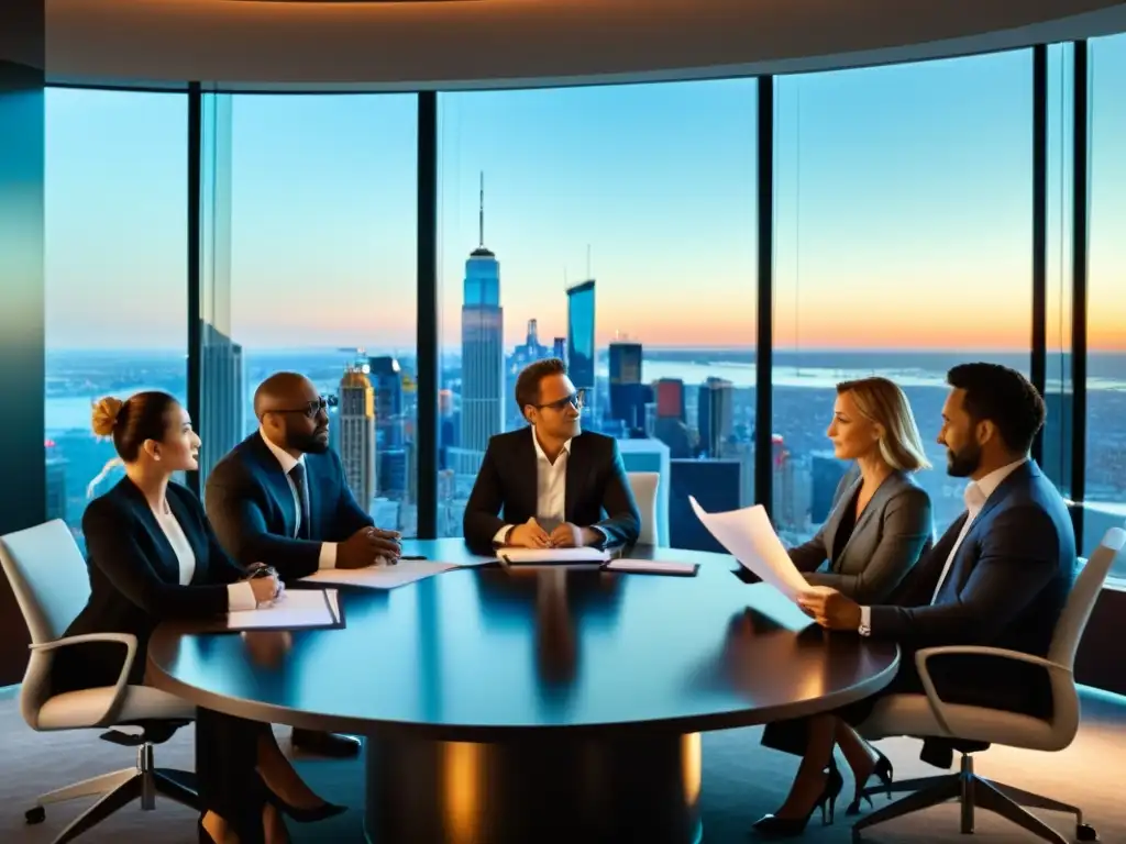 Profesionales de la industria del entretenimiento en una reunión intensa para la resolución de disputas, en una sala con vista a la ciudad de noche