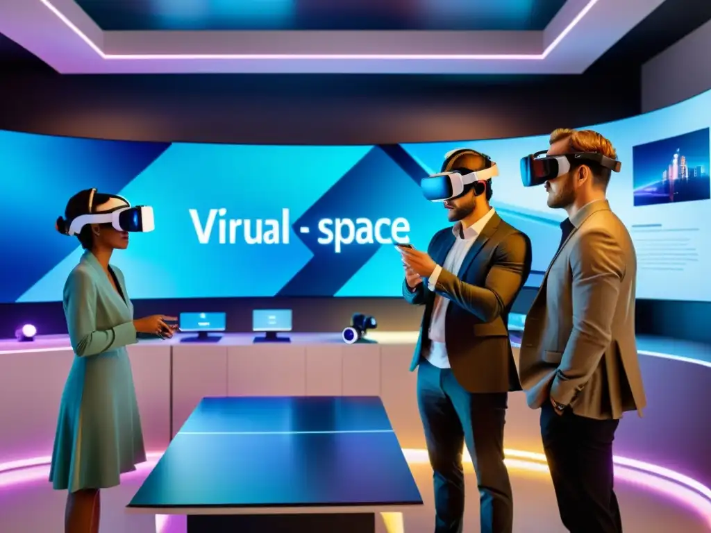 Profesionales inmersos en oficina virtual futurista